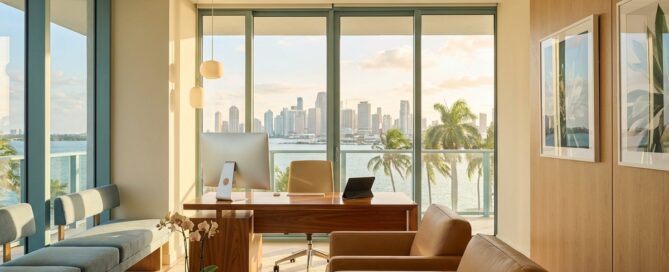 Upscale FUE hair transplant Miami consultation room with modern design and skyline views