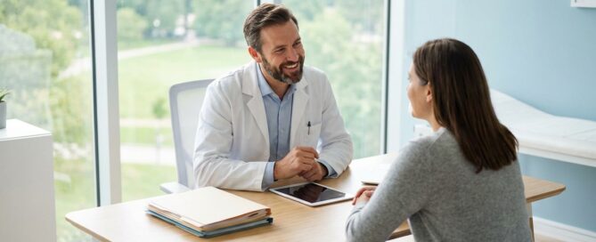 Physician consulting with patient about hair loss medication in modern medical office