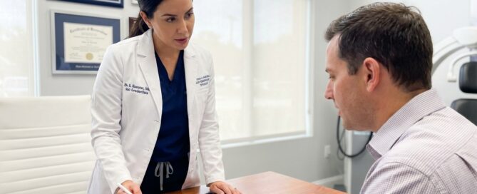 Hair restoration treatment specialist consulting with patient while reviewing provider credentials and evaluation criteria