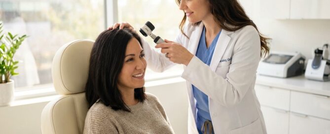 Female doctor consulting with woman patient about hair loss treatment for women in modern clinic