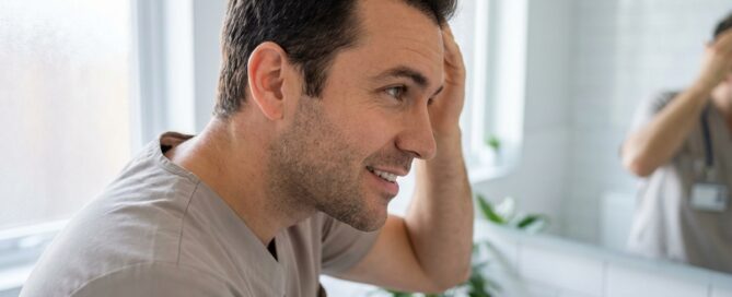 Man examining healthy hairline showing successful Propecia for hair loss prevention results