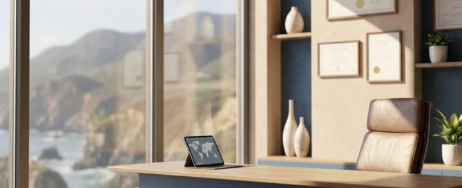 Modern consultation office for FUE hair transplant Denver decision with mountain and coastal views