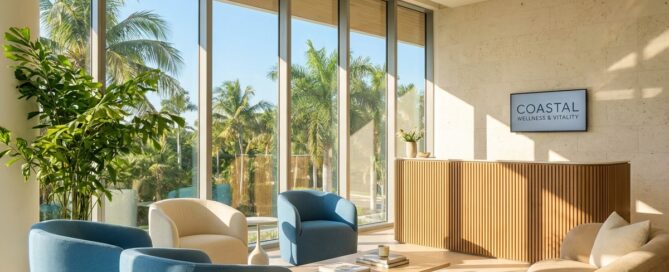 Modern Florida hair restoration consultation office with palm trees, representing premium medical care