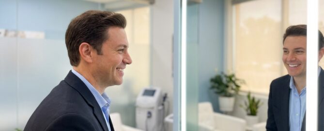 Confident person admiring natural hair restoration therapy results in mirror at medical clinic