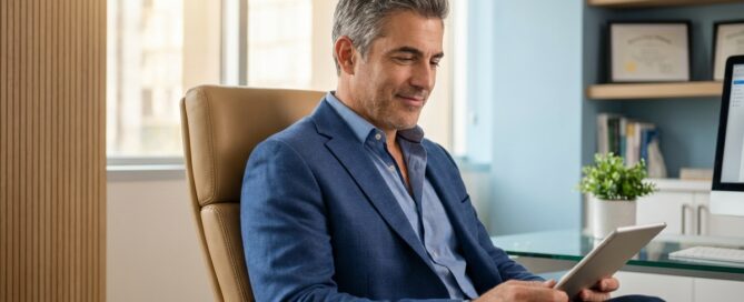 Man consulting about hair transplant options in modern medical office, reviewing personalized treatment framework