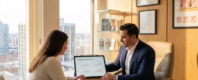 Doctor consulting with patient in modern scalp micropigmentation clinic showing comprehensive care approach