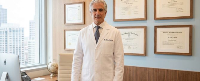 Professional hair transplant surgeon in modern clinic with medical credentials displayed on wall