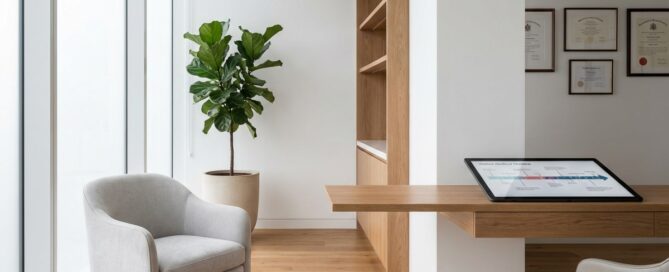 Professional hair transplant scarring minimization consultation room with modern design and natural lighting