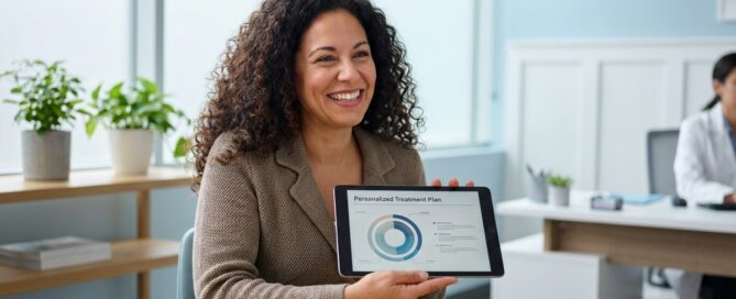 Woman consulting about female pattern baldness treatment options in modern medical office