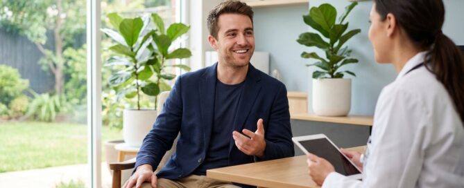 Young man consulting with doctor about hair loss prevention strategies in modern medical office