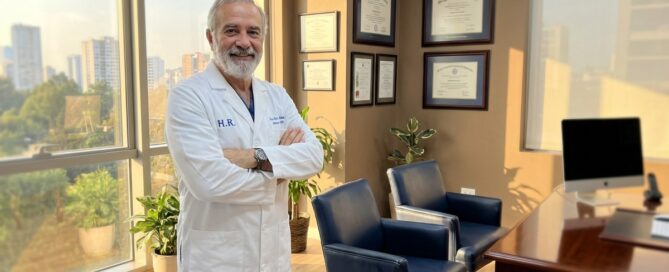 Confident hair restoration doctor in modern medical office with credentials displayed on wall