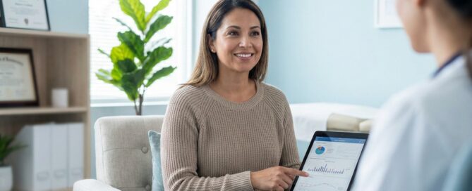 Confident patient reviewing hair transplant before and after results in modern consultation room