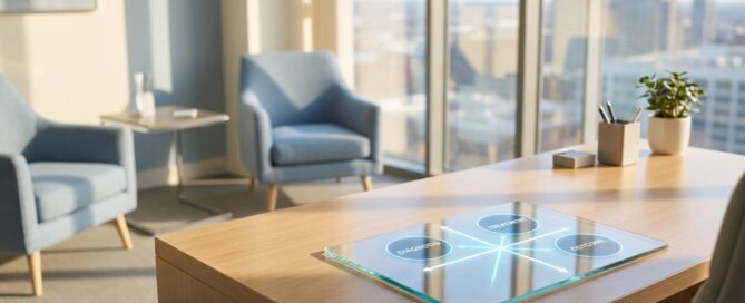 Modern consultation office with decision matrix for hair restoration procedures on digital tablet