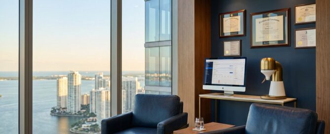 Upscale hair restoration Miami specialist consultation room with city views and boutique practice atmosphere