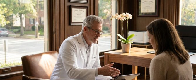 Hair loss treatment dermatologist consultation in modern medical office with experienced physician