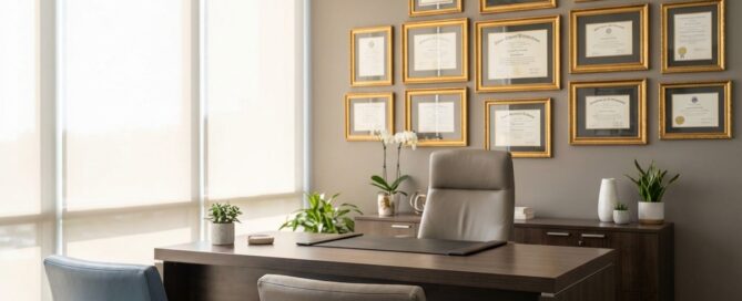 Professional consultation office displaying ISHRS fellow surgeon credentials and medical certifications