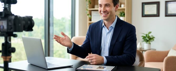 Doctor conducting hair restoration virtual consultation from modern medical office with laptop