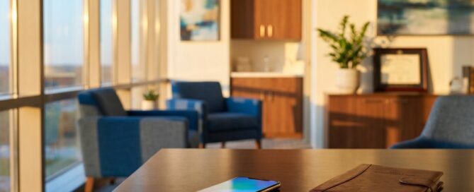 Professional medical office at evening showing phone for hair transplant recovery timeline follow-up