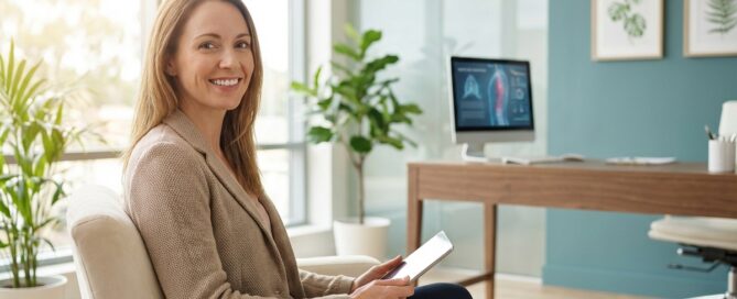 Woman consulting about FUE hair transplant for women in modern medical office