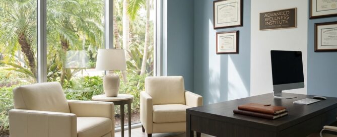 Modern hair transplant consultation room with natural lighting and professional medical setting