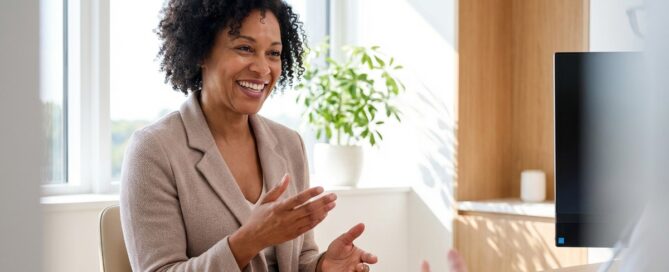 Confident woman smiling in modern consultation room for treatment for women's hair loss
