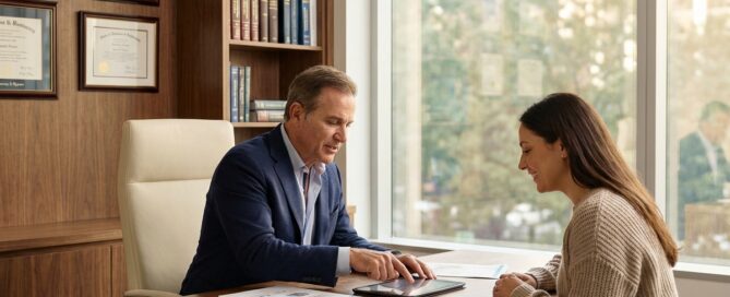 Experienced hair transplant surgeon consulting with patient in modern medical office with credentials displayed