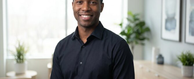 Confident African American man with healthy hairline in modern hair transplant consultation office
