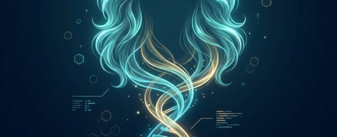 Conceptual illustration of DNA helix transforming into hair strands, representing hair loss genetic factors and treatment
