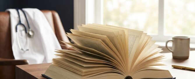 Open medical textbook on desk beside a physician's white coat, symbolizing a hair restoration textbook author surgeon's expertise