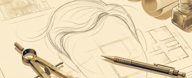 Artistic drafting tools on hairline design blueprints representing the hair loss treatment medical art approach