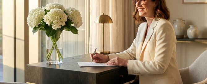 Hair restoration patient coordinator communication in an elegant consultation setting conveying trust and personalized care.