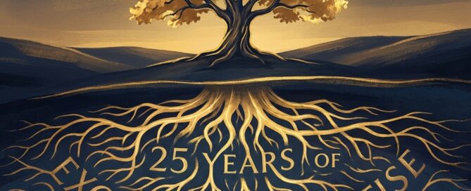 Stylized illustration of a deeply rooted oak tree symbolizing hair restoration twenty five years exclusive specialization and mastery.