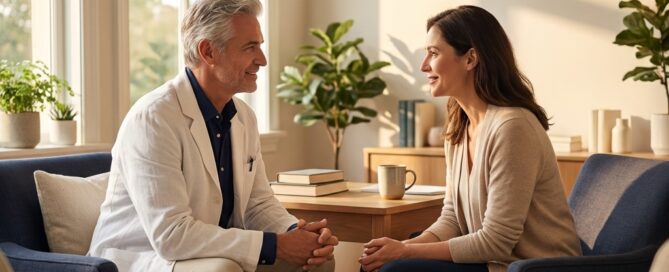 Doctor and patient in a hair loss treatment personalized one on one consultation, seated in a warm private office