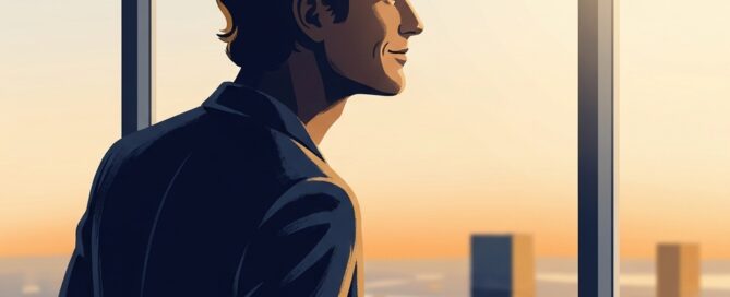 Confident man with healthy hair looking out city window, representing hair loss medication Propecia finasteride guide results