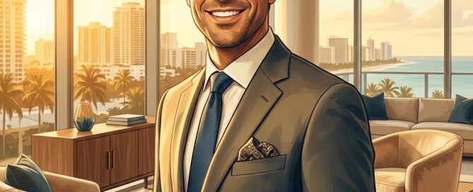 Confident man with restored natural hairline in a modern South Florida setting, representing premier hair restoration in Palm Beach.