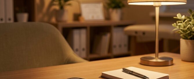 Warm evening phone call setup symbolizing a hair transplant patient evening follow up call from a caring surgeon.