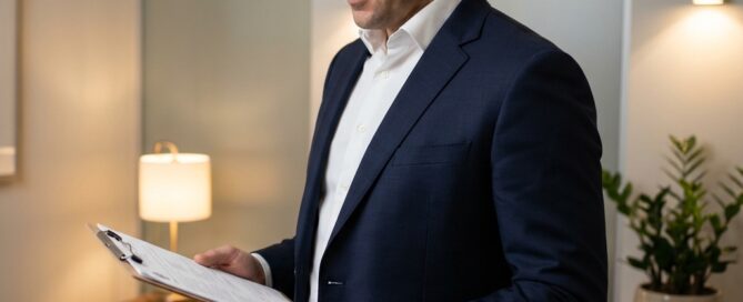 Man reviewing a credential checklist in a modern hair restoration consultation office — Parsa Mohebi hair restoration standard