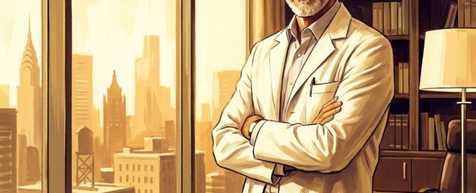 Confident hair transplant surgeon in a modern consultation office, representing the importance of surgeon experience and expertise.