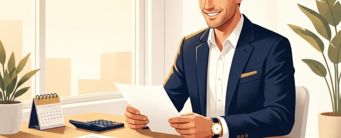 Man confidently reviewing hair transplant financing options at a modern desk with financial documents