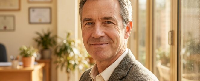 Confident man smiling in a modern consultation room, reflecting real hair transplant patient testimonial video stories