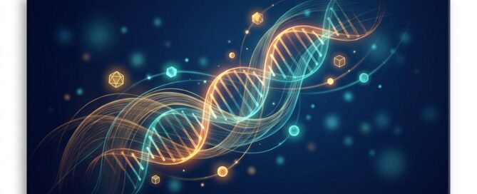 Conceptual illustration of DNA and hair strands symbolizing the biological factors behind hair loss medication Rogaine effectiveness