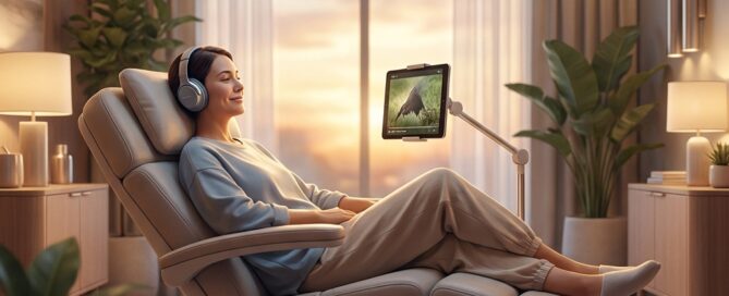 Patient relaxing with headphones and tablet during hair restoration procedure, enjoying movies in a comfortable clinic chair