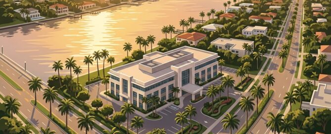 Aerial view of Palm Beach County coastline leading to a modern Boca Raton medical clinic for hair restoration