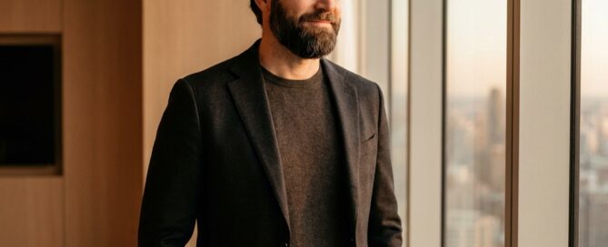 Confident man with natural-looking hair transplant results standing in modern interior with warm golden light
