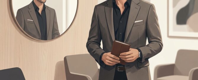 Confident man reviewing scalp micropigmentation results in a modern medical consultation setting