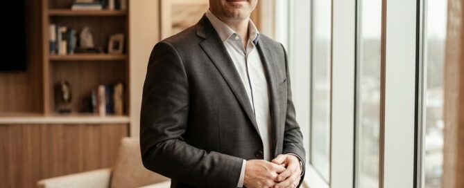 Confident man in modern consultation office representing informed FUE hair transplant decision-making beyond proximity.