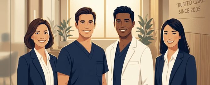 Experienced hair transplant surgical assistant team with long-standing tenure standing together in a modern clinic.