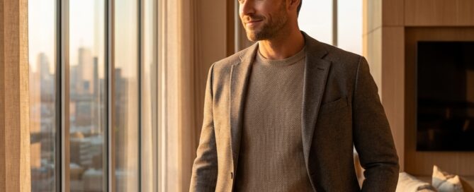 Confident man at 12-month milestone reflecting on hair transplant final results evaluation in warm natural light