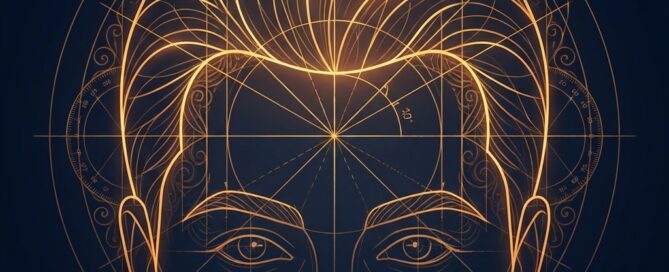 Geometric artistic blueprint illustrating hair transplant temporal points hairline design with golden precision lines