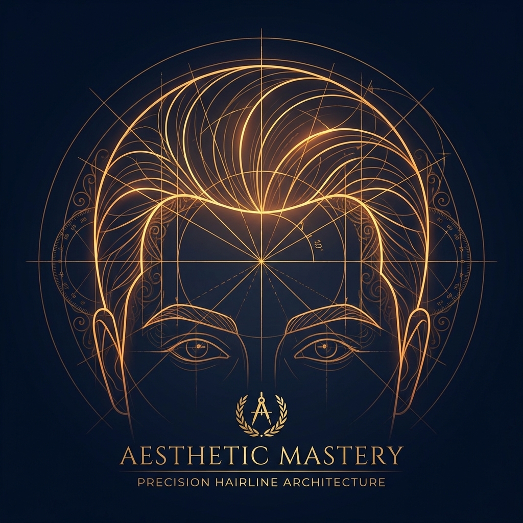 Geometric artistic blueprint illustrating hair transplant temporal points hairline design with golden precision lines